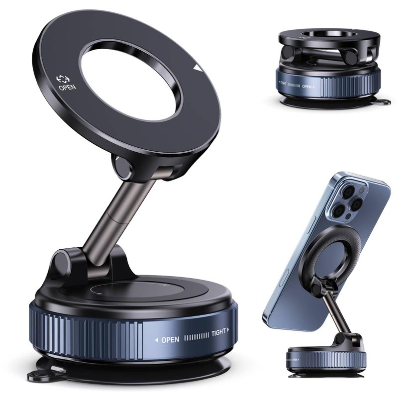Jikasho Vacuum Magnetic Suction Phone Holder, Foldable and Retractable Hands-Free Suction Cup Phone Mount for Car/Gym/Mirror/Smooth Surface, Compatible with iPhone Android and All Smartphones (Black) - Image 1