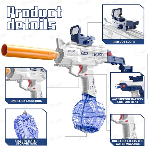 VikriDA Electric Water Gun with Free Extra Rechargeable Battery | 500CC + 60CC Capacity Water Blaster up to 35 ft Range | Backyard Summer Splash Toy – Blue - Image 2