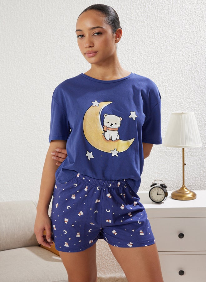 trendyol Teddy Bear and Star Print 100% Cotton Navy Blue Shorts Pajamas Set - Image 2