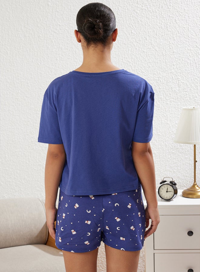 trendyol Teddy Bear and Star Print 100% Cotton Navy Blue Shorts Pajamas Set - Image 5