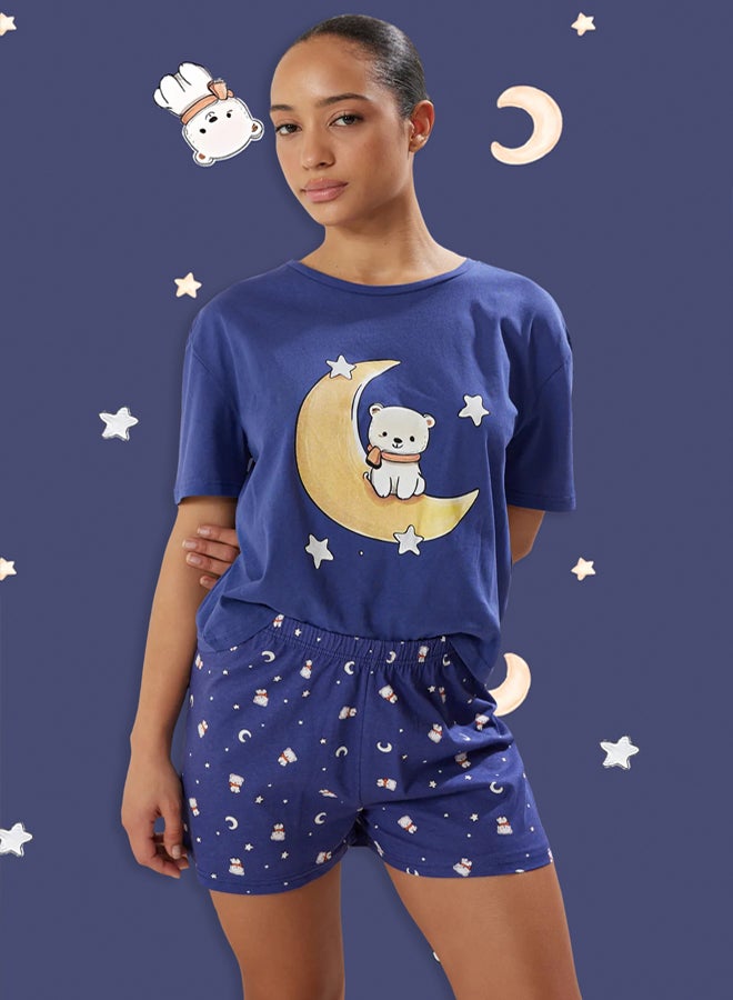 trendyol Teddy Bear and Star Print 100% Cotton Navy Blue Shorts Pajamas Set - Image 1