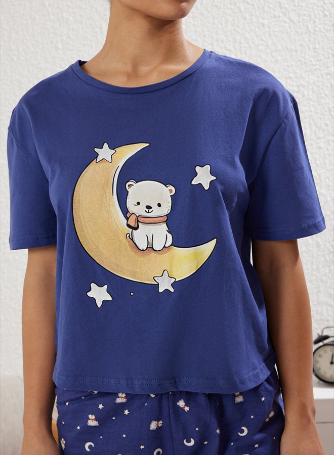 trendyol Teddy Bear and Star Print 100% Cotton Navy Blue Shorts Pajamas Set - Image 4