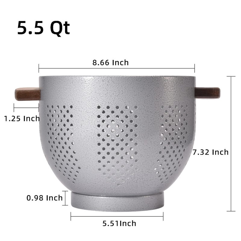 BeFare Metal Colander with Wood Handle and Stable Base, Powder Coated Steel Kitchen Strainer Basket for Draining Pasta, Vegetable and fruit(5.5quart,Greyhammertone) - Image 2