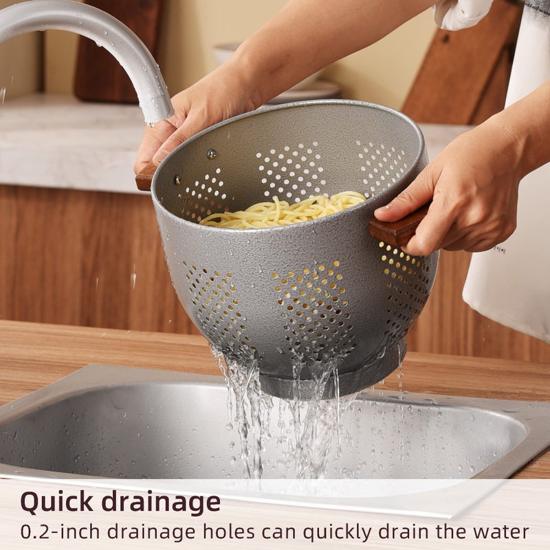 BeFare Metal Colander with Wood Handle and Stable Base, Powder Coated Steel Kitchen Strainer Basket for Draining Pasta, Vegetable and fruit(5.5quart,Greyhammertone) - Image 3