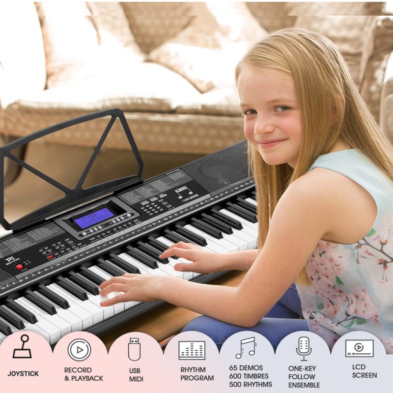 MUSTAR Piano Keyboard, MEKS-500 61 Key Learning Keyboard Piano with Lighted Up Keys, Electric Piano Keyboard for Beginners, Stand, Pedal, Headphones/Microphone, USB Midi, Joystick, Built-in Speakers - Image 3