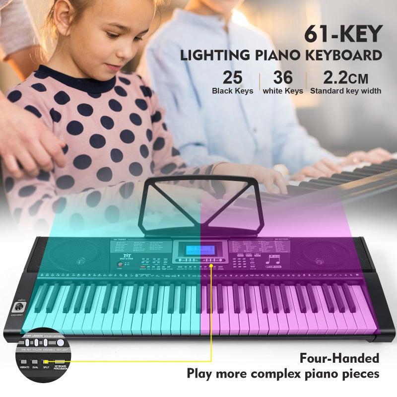 MUSTAR Piano Keyboard, MEKS-500 61 Key Learning Keyboard Piano with Lighted Up Keys, Electric Piano Keyboard for Beginners, Stand, Pedal, Headphones/Microphone, USB Midi, Joystick, Built-in Speakers - Image 2