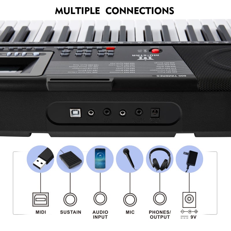 MUSTAR Piano Keyboard, MEKS-500 61 Key Learning Keyboard Piano with Lighted Up Keys, Electric Piano Keyboard for Beginners, Stand, Pedal, Headphones/Microphone, USB Midi, Joystick, Built-in Speakers - Image 4