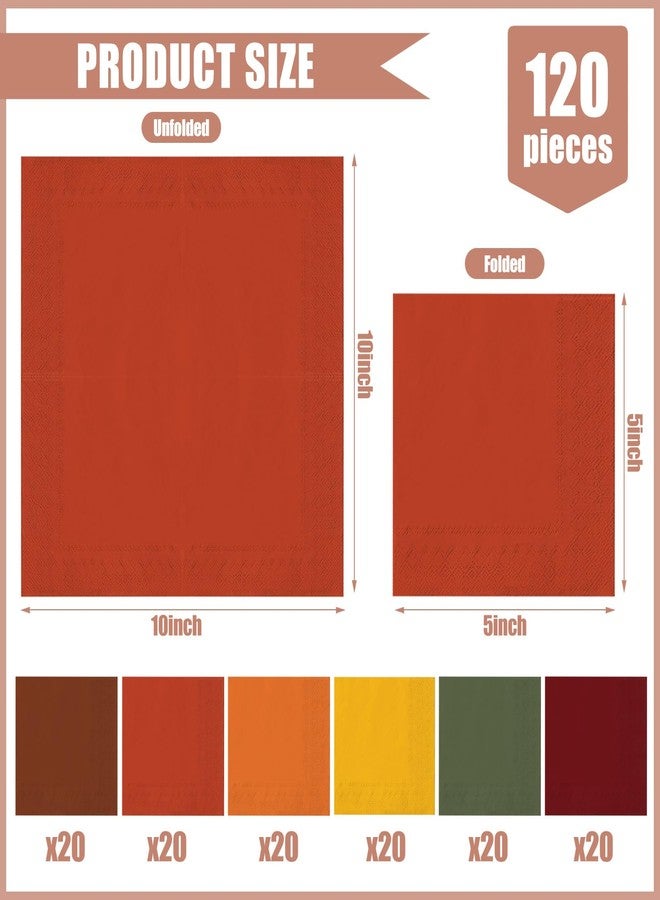 Whaline مناديل كوكتيل بألوان الخريف من واهلين 120 قطعة، بني، برتقالي، أخضر، مناديل ورقية للغداء، 2 طبقة لعيد الشكر، ديكور طاولة حفلة منزلية، 6 ألوان - Image 2