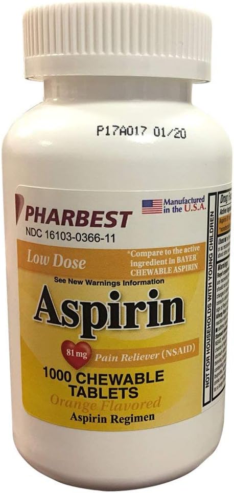Aspirin 81mg Chewable Orange Tablets 1000 Count Per Bottle