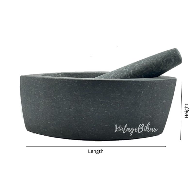 VintageBihar مدقة وحجر طحن من غرانيت فينتاج بيهار الأسود مثالية لخارال موسال لطحن الأعشاب والتوابل والكالباتا للمطبخ بطول 7 بوصات - Image 3