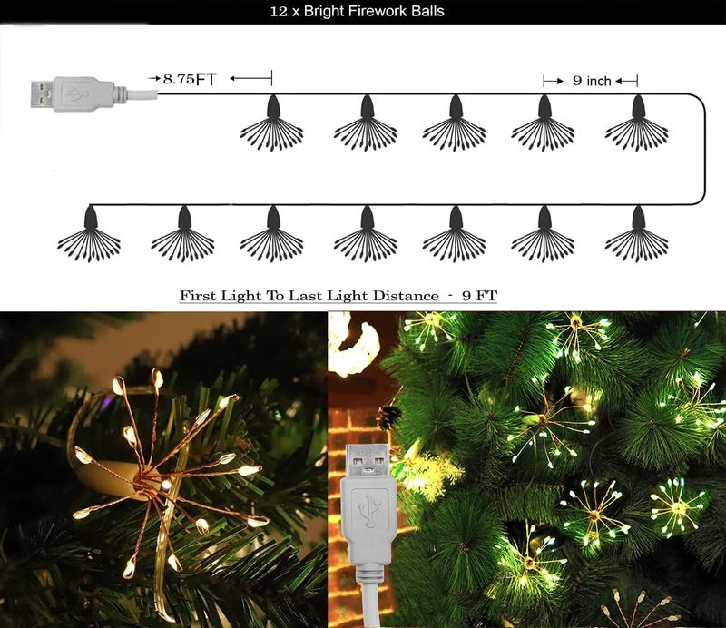 The Purple Tree 12 Glowing Starburst Firecracker LED String Lights - 10ft USB Powered Warm White Fairy Lights for Diwali, Christmas, Weddings, Parties, Home, Patio & Garden Decor - Image 2