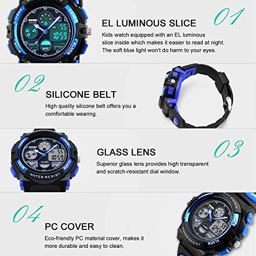 Cofuo Kids Watches Boys for 5-12 Year Old, Analog-Digital Sports Waterproof Watch, Unisex, PU Resin Band, Blue - Image 3