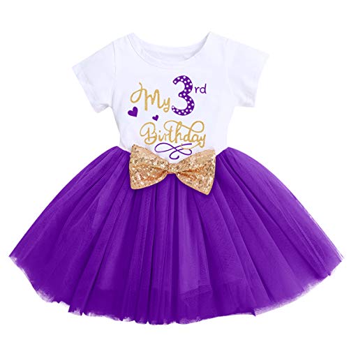 ODASDO Toddler Kids Girls My 3rd Third Birthday Party Dress Sequin Bowknot Headband Cake Smash Outfit Summer Cotton Short Sleeve A-line Tulle Tutu Princess Skirt Photo Props Purple 3 Years - Image 2