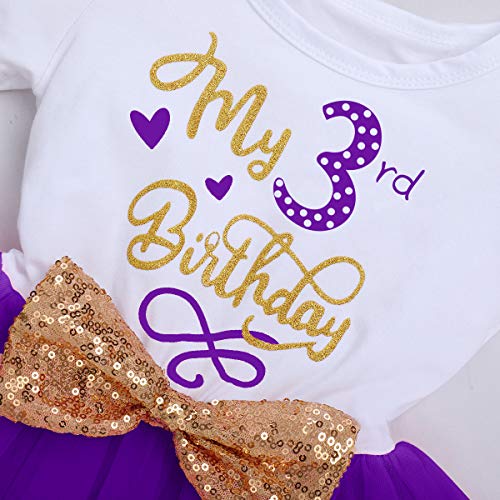 ODASDO Toddler Kids Girls My 3rd Third Birthday Party Dress Sequin Bowknot Headband Cake Smash Outfit Summer Cotton Short Sleeve A-line Tulle Tutu Princess Skirt Photo Props Purple 3 Years - Image 4