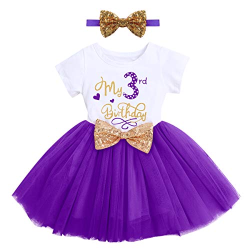 ODASDO Toddler Kids Girls My 3rd Third Birthday Party Dress Sequin Bowknot Headband Cake Smash Outfit Summer Cotton Short Sleeve A-line Tulle Tutu Princess Skirt Photo Props Purple 3 Years - Image 1