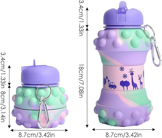 Jukusa Collapsible Silicone Water Bottle – 600ml | Leak-Proof, BPA-Free, Soft & Durable, Foldable with Carabiner Hook | Dotted Design Perfect for School, Sports, Outdoor (Purple & Green) - Image 2