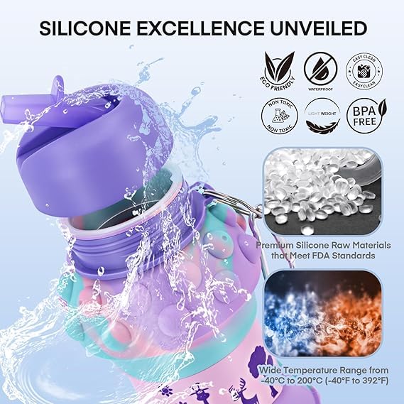 Jukusa Collapsible Silicone Water Bottle – 600ml | Leak-Proof, BPA-Free, Soft & Durable, Foldable with Carabiner Hook | Dotted Design Perfect for School, Sports, Outdoor (Purple & Green) - Image 3