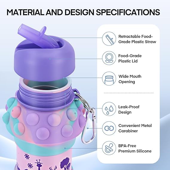Jukusa Collapsible Silicone Water Bottle – 600ml | Leak-Proof, BPA-Free, Soft & Durable, Foldable with Carabiner Hook | Dotted Design Perfect for School, Sports, Outdoor (Purple & Green) - Image 4