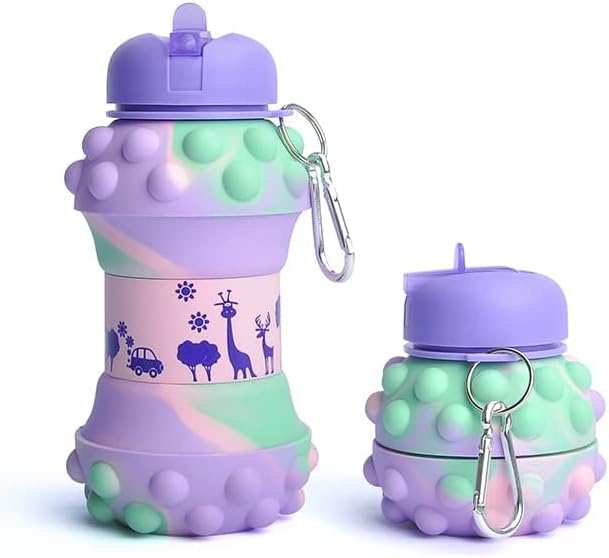 Jukusa Collapsible Silicone Water Bottle – 600ml | Leak-Proof, BPA-Free, Soft & Durable, Foldable with Carabiner Hook | Dotted Design Perfect for School, Sports, Outdoor (Purple & Green) - Image 1