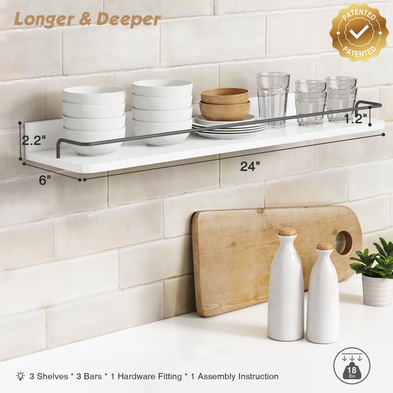 Forbena Floating Shelves for Wall 24 Inches Long, Modern White Wall Shelving Unit for Bedroom, Wood Hanging Shelf for Kitchen Bathroom Living Room Office Organizers and Storage (White and Grey) - Image 2