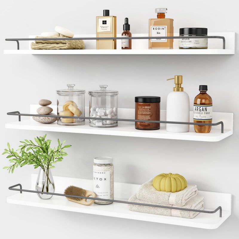 Forbena Floating Shelves for Wall 24 Inches Long, Modern White Wall Shelving Unit for Bedroom, Wood Hanging Shelf for Kitchen Bathroom Living Room Office Organizers and Storage (White and Grey) - Image 1