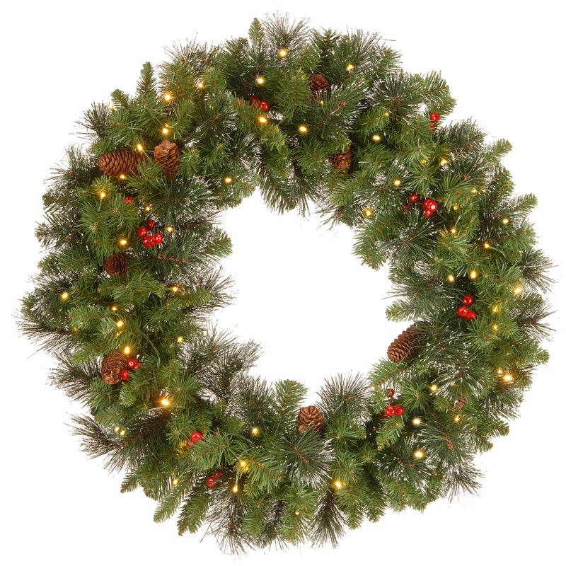 National Tree National Tree Company PreLit Artificial Christmas Wreath Green Carolina Pine White Lights Decorated with Pine Cones and Glitter Berry Clusters Christmas Collection 30 Inches 