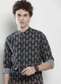 The Indian Garage Co Men Regular Fit Geometric Printed Full Sleeves Mandarin Collar Ethnic Shirt