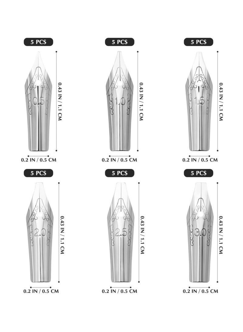 SOLARAE 30 قطعة من رؤوس أقلام الحبر المصنوعة من الفولاذ المقاوم للصدأ، مجموعة رؤوس بديلة للخط والكتابة، أحجام متنوعة للأطفال والبالغين والطلاب (0.5+1+1.5+2+2.5+3 مم، كل منها 5 قطع) - Image 2