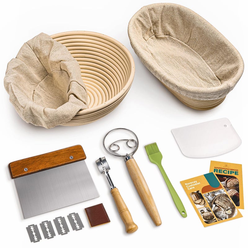 RORECAY Bread Banneton Proofing Basket Set 9 Inch Round  10 Inch Oval Cane Sourdough Baskets with Dough Whisk Bread Lame Dough Scraper Bowl Scraper Silicone Brush Sourdough Bread Baking Supplies