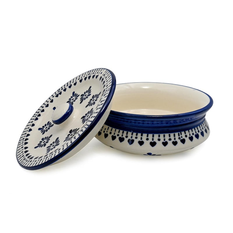 SG Shadowgreen ShadowGreen | Ceramic Serving Dekchi | Serving Bowl with Lid | Dinner/Gravy Bowl | Blue Jhallar Design | Set of 1 | (Medium 750ML) - Image 1