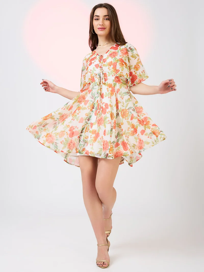 globus Globus Women Floral Printed V-Neck Flared Sleeves Tie-Up Detail Mini Fit And Flare Dress