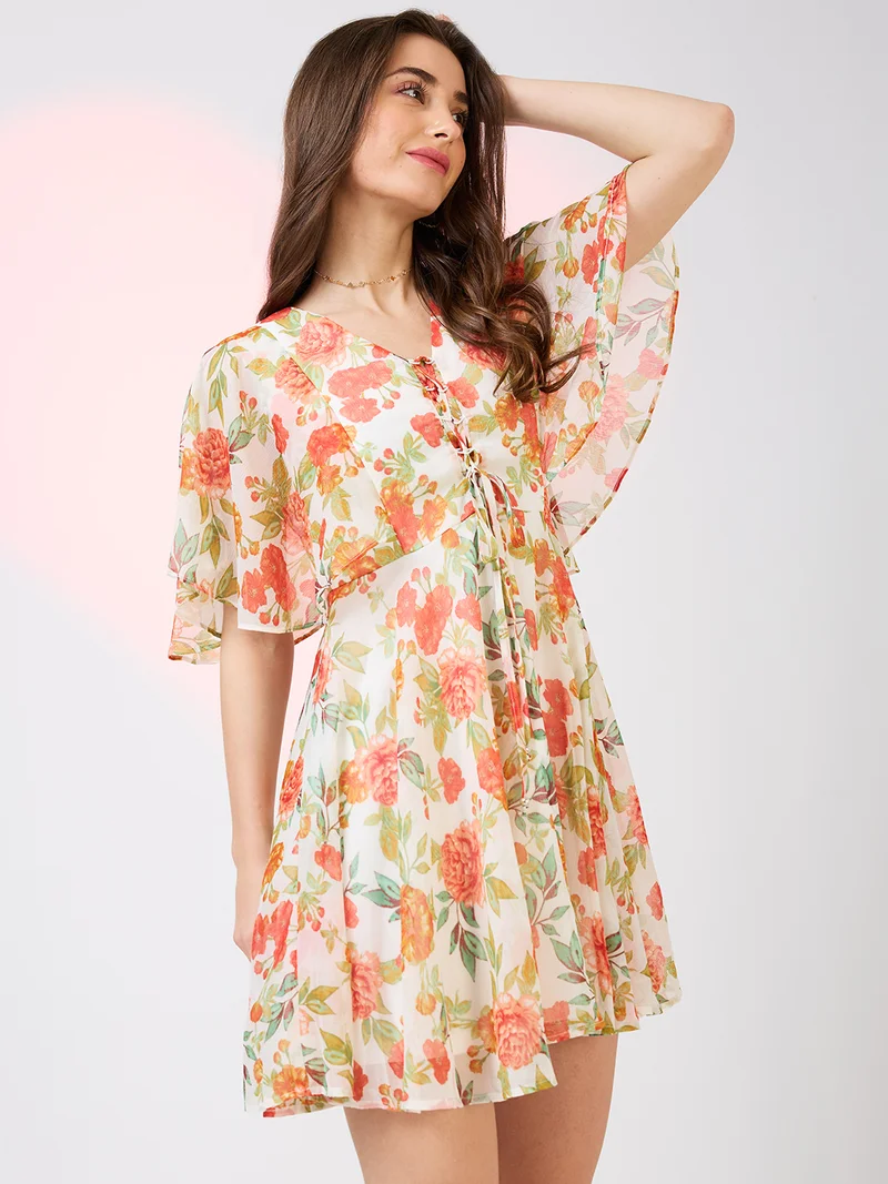 globus Globus Women Floral Printed V-Neck Flared Sleeves Tie-Up Detail Mini Fit And Flare Dress
