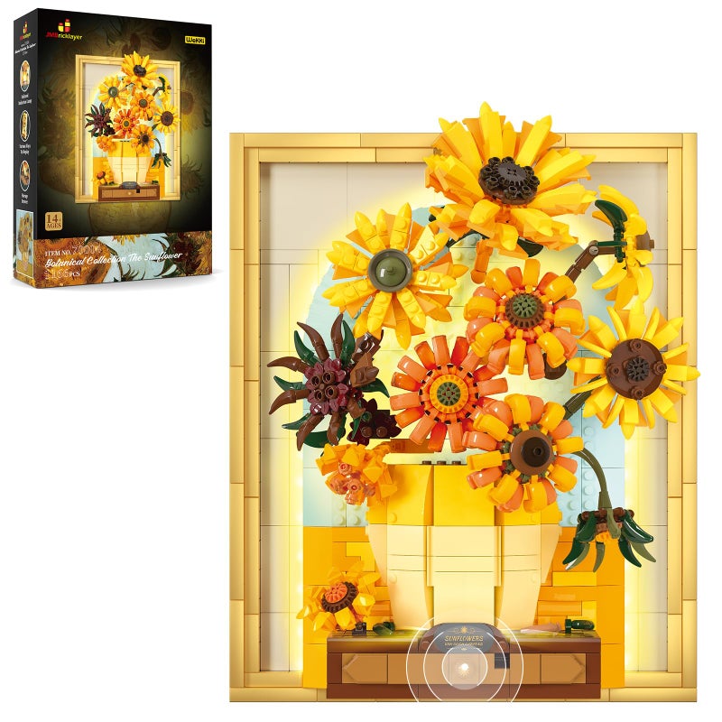 JMBricklayer Flowers Sunflower Building Sets for Adult with Lights 70004, Van Gogh Wall Art Crafts Ideas Flower Bouquet, Painting Frame Room Decor, Valentineâ€™s Day Birthday Gifts for Women Girl - Image 1