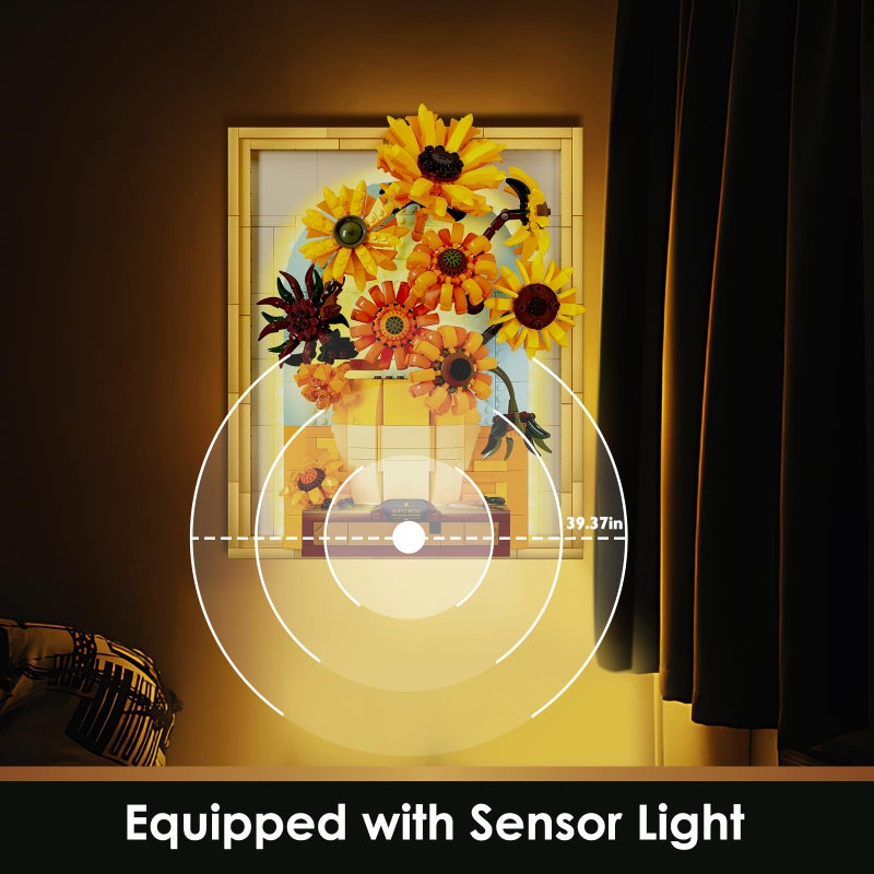 JMBricklayer Flowers Sunflower Building Sets for Adult with Lights 70004, Van Gogh Wall Art Crafts Ideas Flower Bouquet, Painting Frame Room Decor, Valentineâ€™s Day Birthday Gifts for Women Girl - Image 2