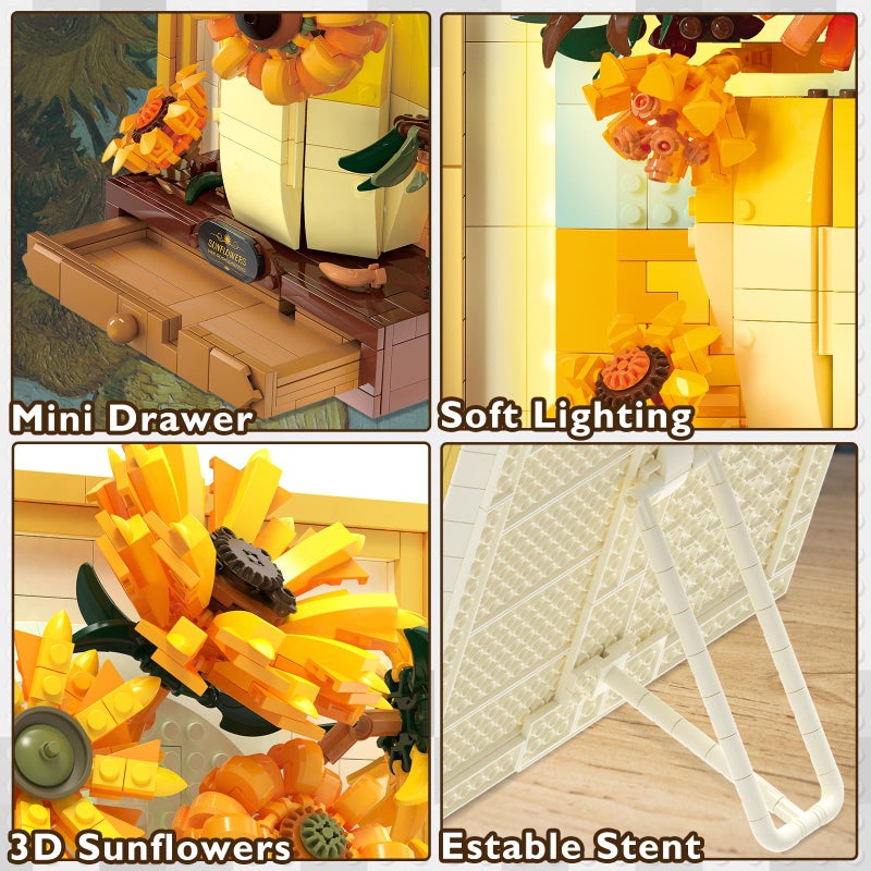 JMBricklayer Flowers Sunflower Building Sets for Adult with Lights 70004, Van Gogh Wall Art Crafts Ideas Flower Bouquet, Painting Frame Room Decor, Valentineâ€™s Day Birthday Gifts for Women Girl - Image 5