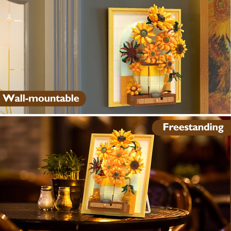 JMBricklayer Flowers Sunflower Building Sets for Adult with Lights 70004, Van Gogh Wall Art Crafts Ideas Flower Bouquet, Painting Frame Room Decor, Valentineâ€™s Day Birthday Gifts for Women Girl - Image 3
