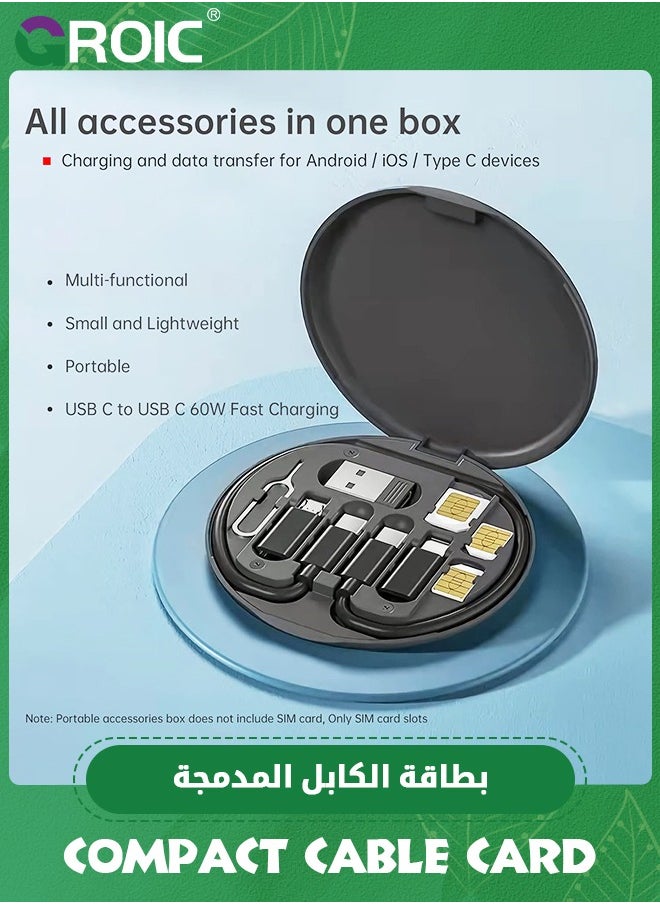 GROIC Black Multifunctional Compact Cable Card, Portable Storage Box with USB A/Type C/Micro USB/Light USB Adapter Kit, PD 60W Charging and Data Transfer Cable Kit, Sim Card Tray Eject Tool and Slots  - Image 2