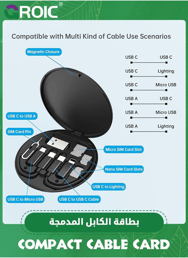 GROIC Black Multifunctional Compact Cable Card, Portable Storage Box with USB A/Type C/Micro USB/Light USB Adapter Kit, PD 60W Charging and Data Transfer Cable Kit, Sim Card Tray Eject Tool and Slots  - Image 3