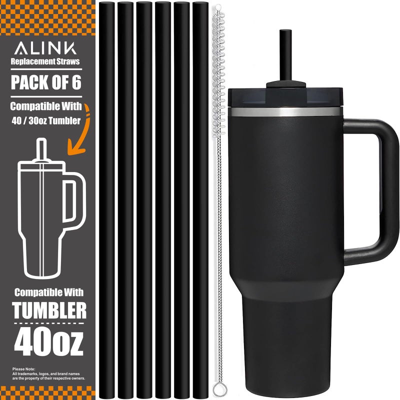 DISHWASHER SAFE 6 Pack Reusable Black Straws for Stanley 40 oz 30 oz Cup Tumbler 12 inch Long Hard Plastic Straws with Brush for Stanley Owala Yeti Tumbler BPA FREE