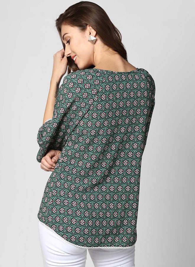 StyleStone بلوزة مطبوعة باللون الأخضر للنساء من ستايل ستون بأكمام متوهجة بثلاثة أرباع - Image 4