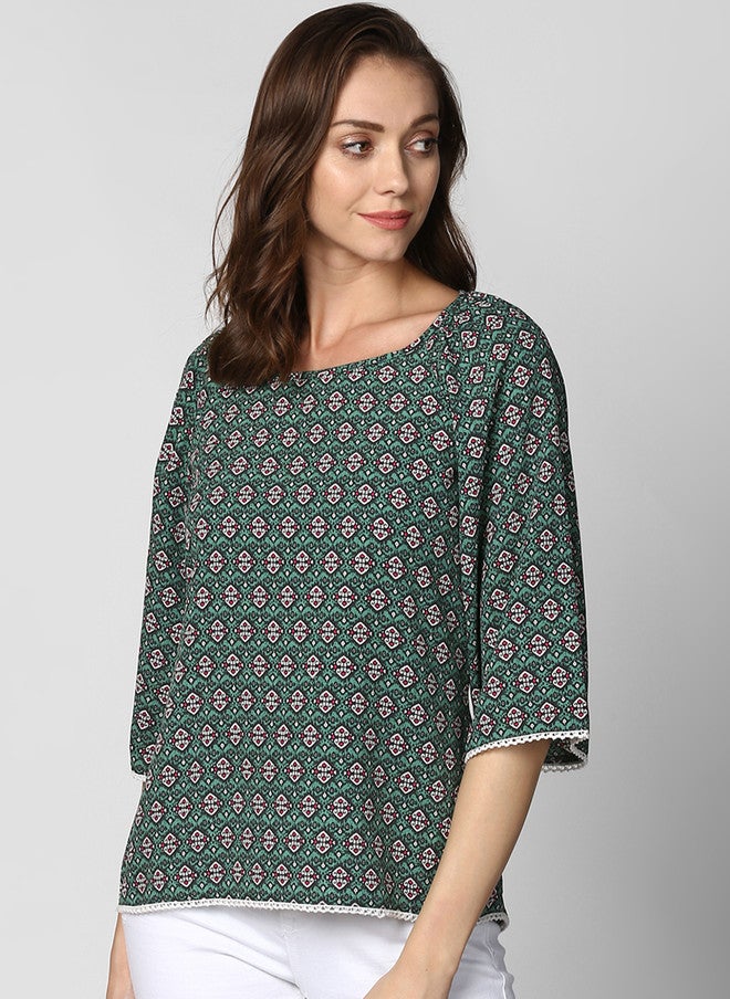 StyleStone بلوزة مطبوعة باللون الأخضر للنساء من ستايل ستون بأكمام متوهجة بثلاثة أرباع - Image 1