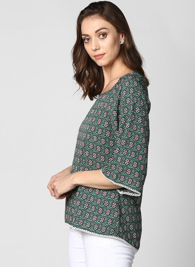 StyleStone بلوزة مطبوعة باللون الأخضر للنساء من ستايل ستون بأكمام متوهجة بثلاثة أرباع - Image 3