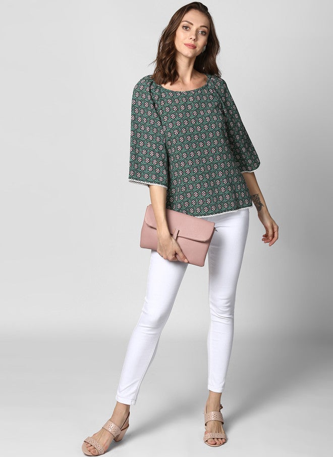StyleStone بلوزة مطبوعة باللون الأخضر للنساء من ستايل ستون بأكمام متوهجة بثلاثة أرباع - Image 5