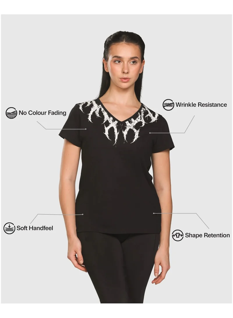 Musclemind black Women's Printed V-Neck T-Shirt for Women | Best Price UAE