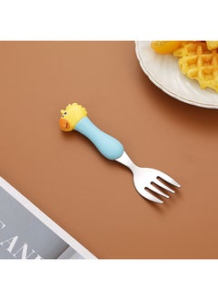 Children's 304 Stainless Steel Portable Tableware Cartoon Spoon Fork Learning And Training Chopsticks Dinosaur Baby Fork Spoon Set-Specifications:Tableware-Color:Trumpet-Blue Handle Unicorn Fork