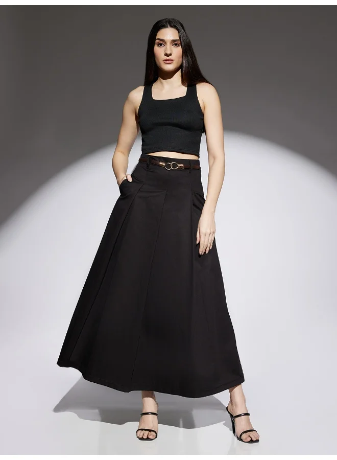 Women Black High Rise Pleated Flared Maxi Skirt with Belt Loops