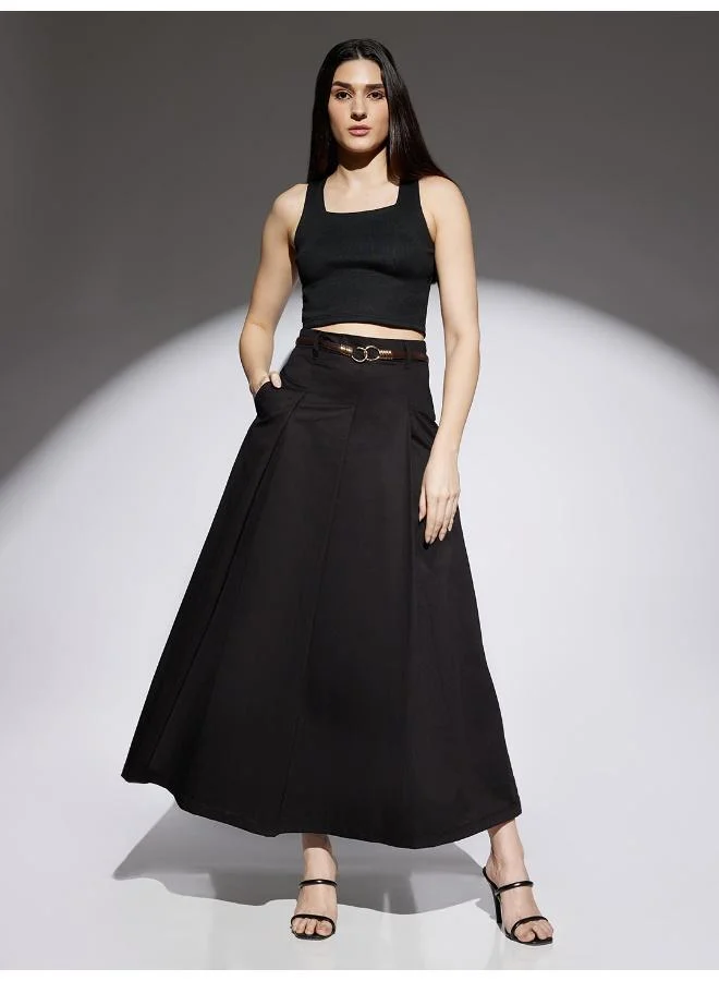 Globus Women Black High Rise Pleated Flared Maxi Skirt with Belt Loops