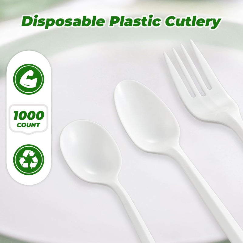 biocean 1000PCS Disposable Plastic Forks Silverware Set Bulk Fork White Reusable Heavy Duty Disposable Cutlery Plastic Utensils Flatware for Home Restaurant Party Picnic Camping Travel (Forks-1000pcs) - Image 4