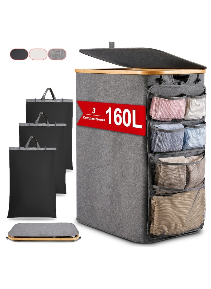 XiuWoo Laundry Hamper 3 Section With Side Pocket, Dirty Clothes Hamper with Lid, Large Laundry Basket with Bag, Laundry Basket Organizer for Bedroom, Laundry Room, Hamper 3 Compartment - Image 1