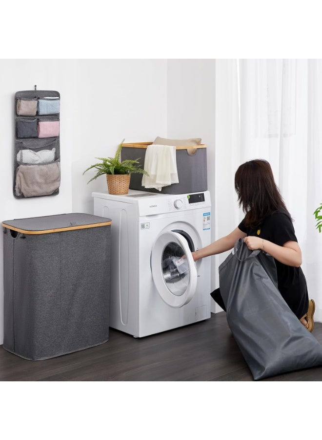 XiuWoo Laundry Hamper 3 Section With Side Pocket, Dirty Clothes Hamper with Lid, Large Laundry Basket with Bag, Laundry Basket Organizer for Bedroom, Laundry Room, Hamper 3 Compartment - Image 5